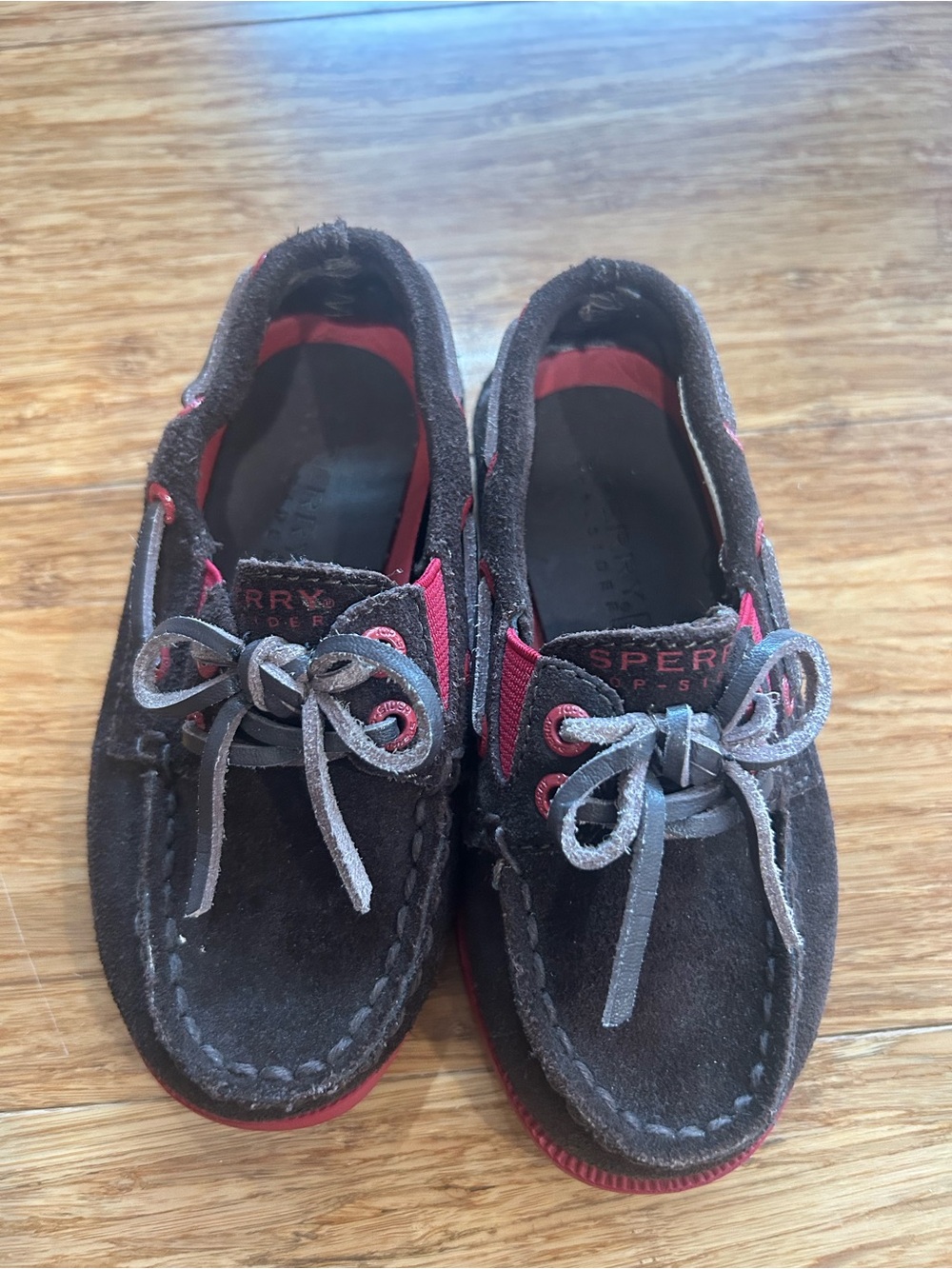 Sperry Kids Brown Suede Boat Shoes with Red Accent